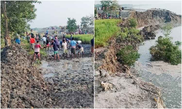 খুলনার কয়রায় বেড়িবাঁধে ভাঙন